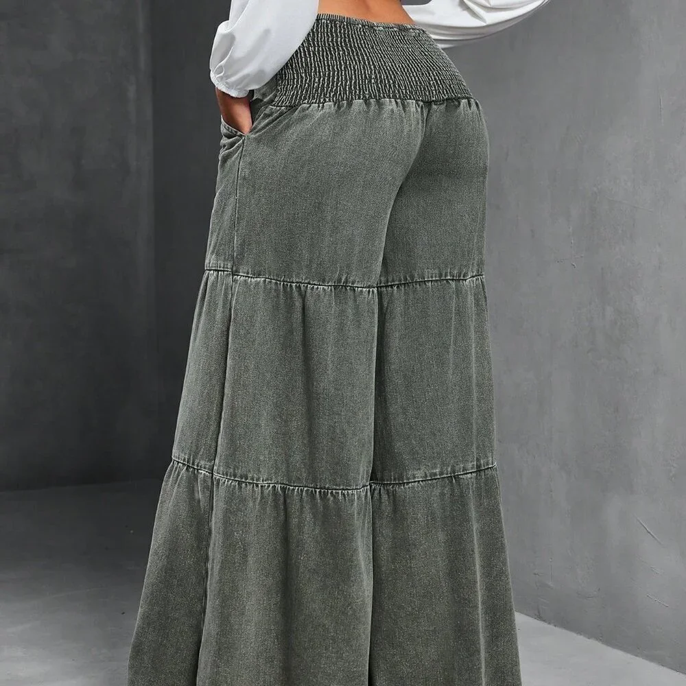 Army Green Women's Loose Boyfriend Style Distressed Hem Patchwork Denim Jeans